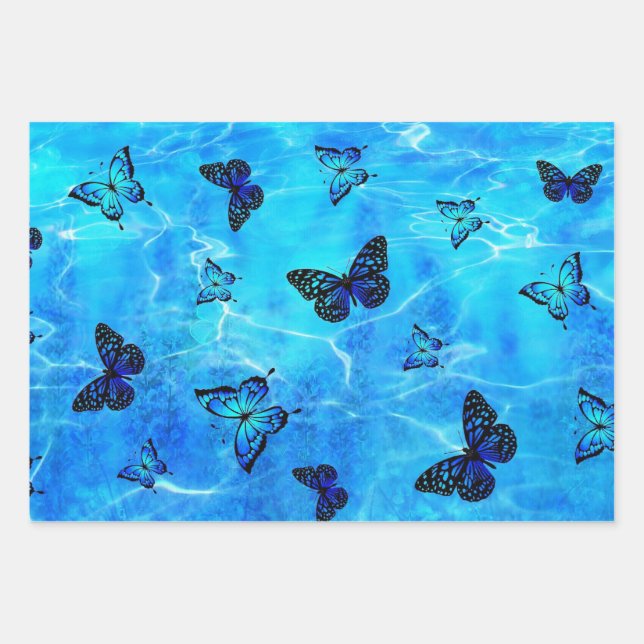Blue Butterfly Wrapping Paper Sheet (Front)