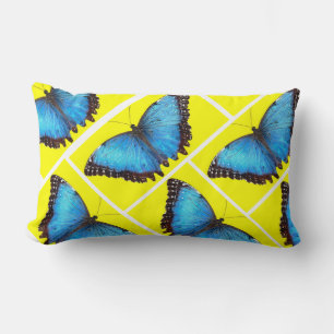 Blue Butterfly Yellow Background Lumbar Pillow
