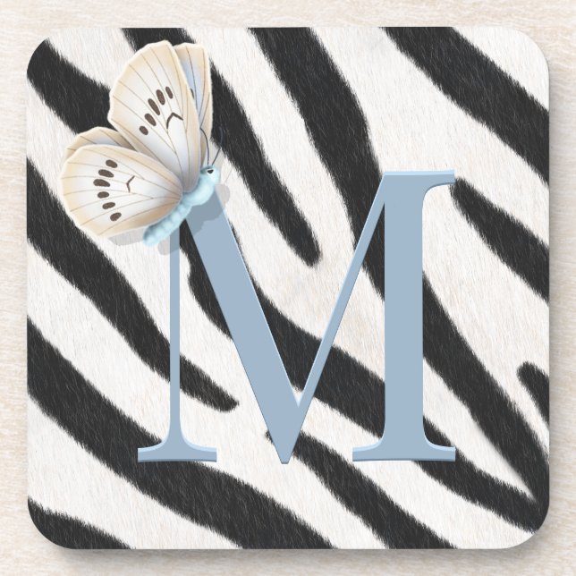 Blue Butterfly & Zebra Fur Blue Monogram Custom Coaster (Front)