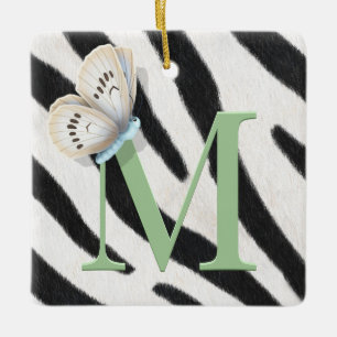 Blue Butterfly & Zebra Fur Green Monogram Custom Ceramic Ornament