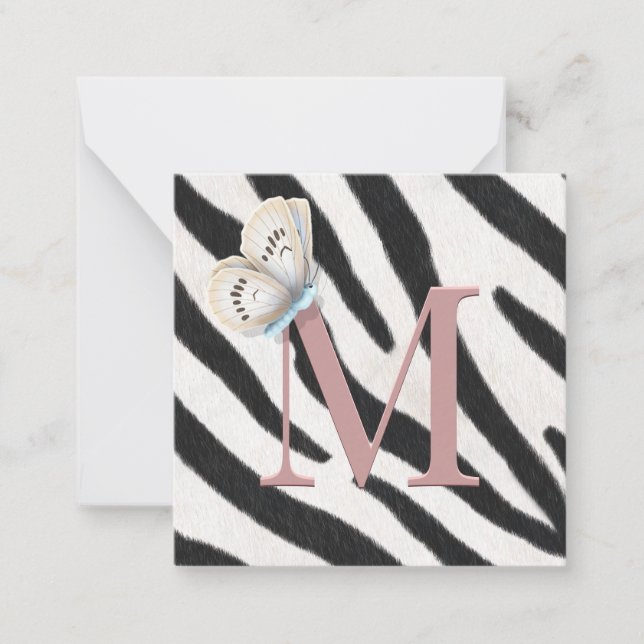 Blue Butterfly & Zebra Fur Rose Monogram Custom Card (Front)
