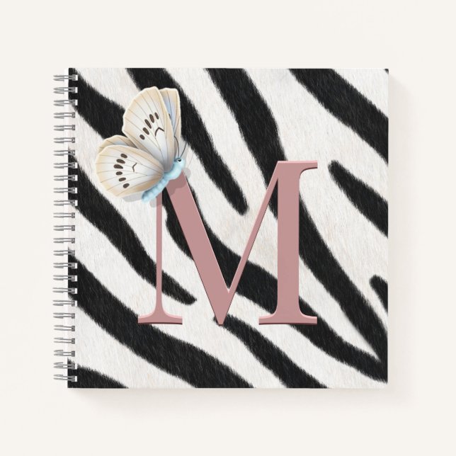 Blue Butterfly & Zebra Fur Rose Monogram Custom Notebook (Front)