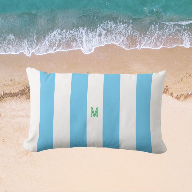 Blue Cabana Stripe & Personalized Green Monogram Lumbar Pillow (Creator Uploaded)