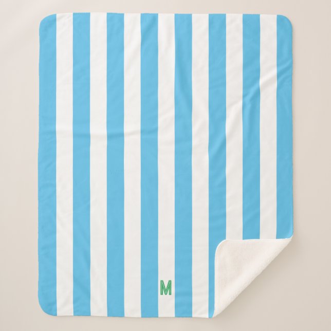 Blue Cabana Stripe & Personalized Green Monogram Sherpa Blanket (Front)