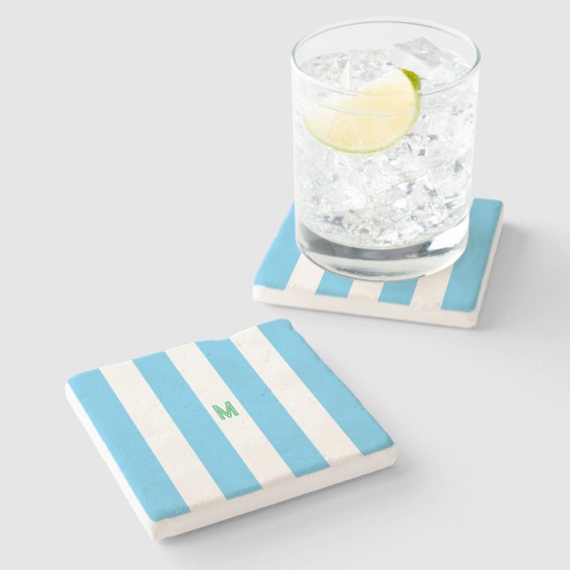 Blue Cabana Stripe & Personalized Green Monogram Stone Coaster (Side)