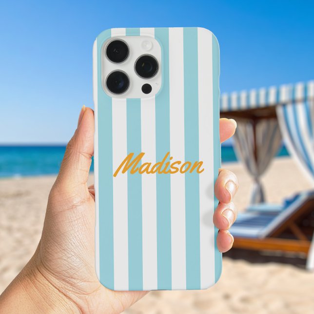 Blue Cabana Stripes Retro Monogram Case-Mate iPhone Case (Creator Uploaded)