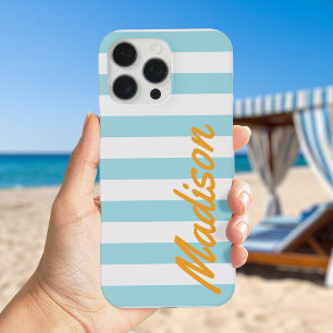 Blue Cabana Stripes Retro Monogram iPhone 16 Pro Max Case