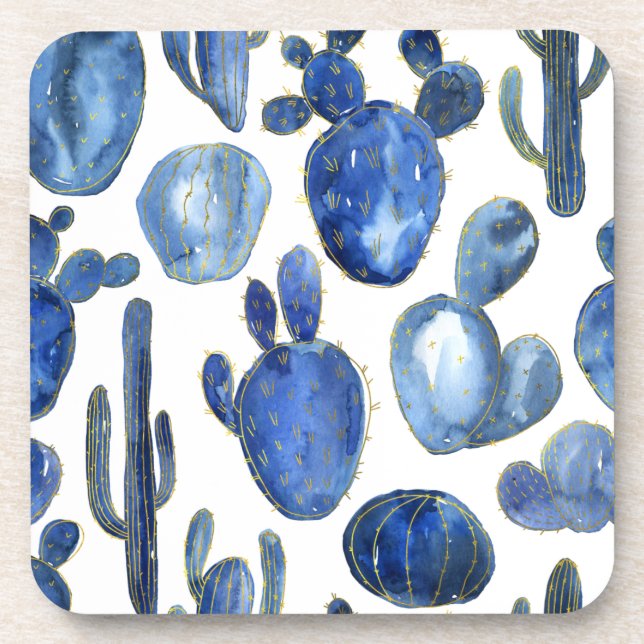 Blue Cactus Gold Desert Travel Chic Coaster (Front)