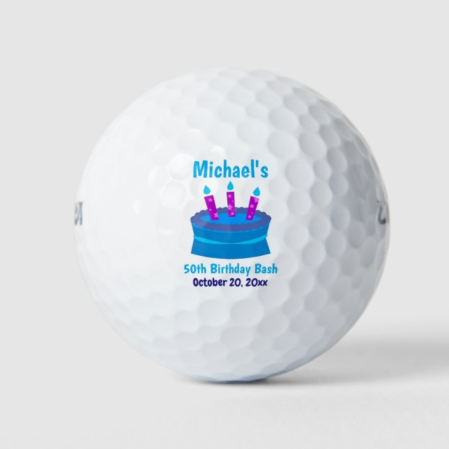Blue Cake 50th Birthday Party Favour Golf Balls (Front)