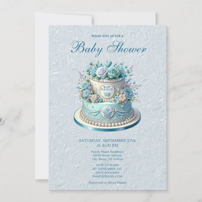 Blue Cake Flowers Baby Shower Invitation (Front)