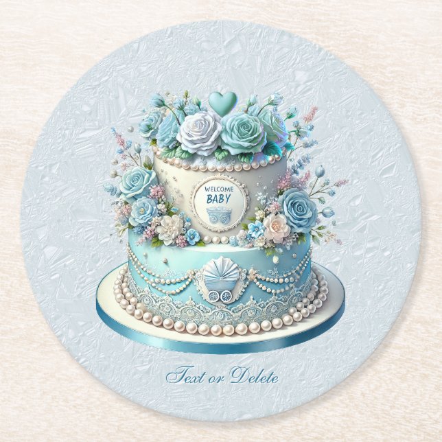 Blue Cake Flowers Paper Coaster (Front)