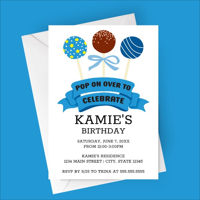 Blue Cake Pops Birthday Party Invitation (Blue Cake Pops Birthday Party Invitation)