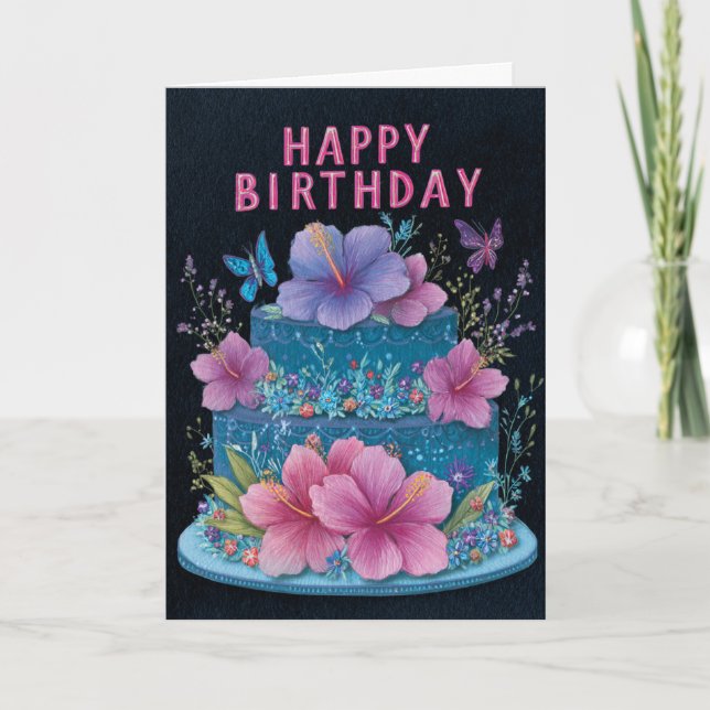 Blue Cake with Pink Hibiscus Birthday Greeting Car Card (Front)