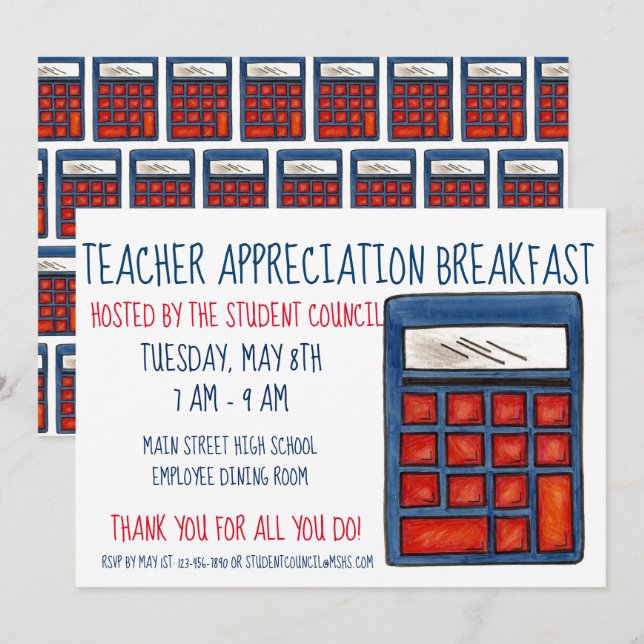 Blue Calculator School Math Teacher Appreciation Invitation (Front/Back)