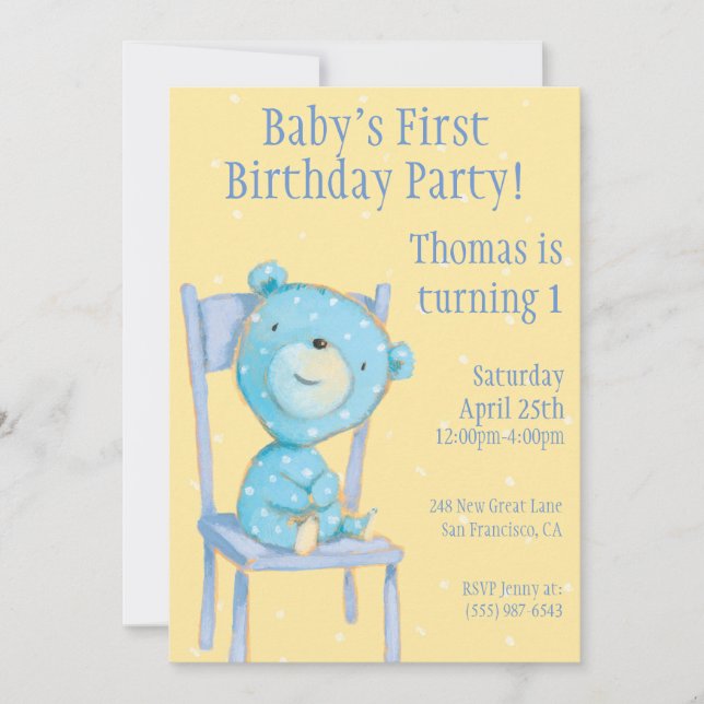 Blue Calico Bear Birthday Invitation (Front)