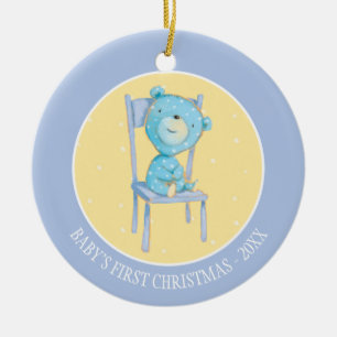 Blue Calico Bear Smiling on Chair Ceramic Ornament