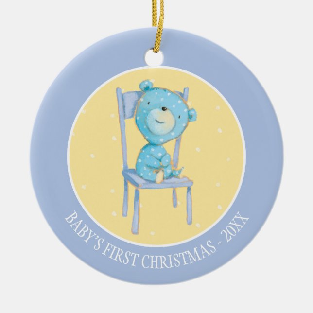 Blue Calico Bear Smiling on Chair Ceramic Ornament (Front)