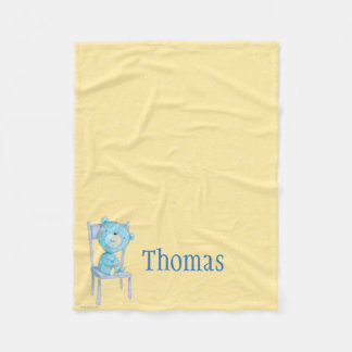 Blue Calico Bear Smiling on Chair Fleece Blanket