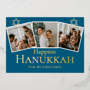 Blue Calligraphy Happiest Hanukkah family 3 photo Foil Holiday Card