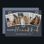Blue Calligraphy Happiest Hanukkah family 3 photo Holiday Card<br><div class="desc">Blue Calligraphy Happiest Hanukkah family 3 photo</div>