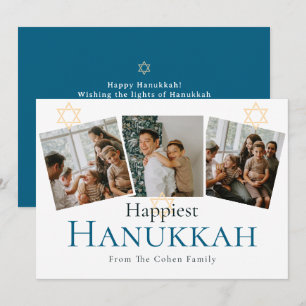 Blue Calligraphy Happiest Hanukkah family 3 photo Holiday Card