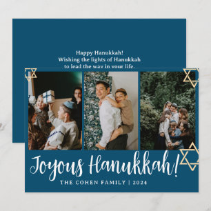 Blue Calligraphy Happiest Hanukkah family 4 photo Holiday Card