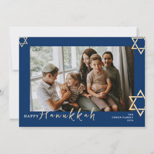 Blue Calligraphy Happy Hanukkah family one photo Holiday Card
