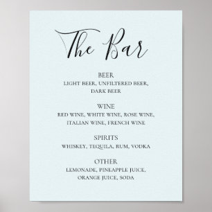 Blue calligraphy script wedding drinks bar menu poster