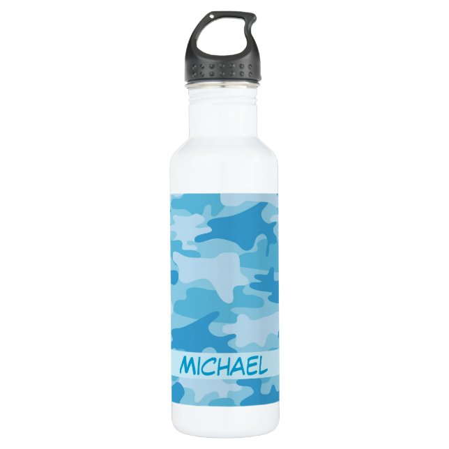 Blue Camo Camouflage Name Personalized 710 Ml Water Bottle (Front)