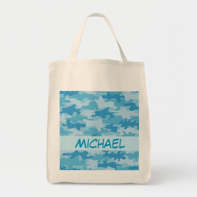 Blue Camo Camouflage Name Personalized Tote Bag (Front)