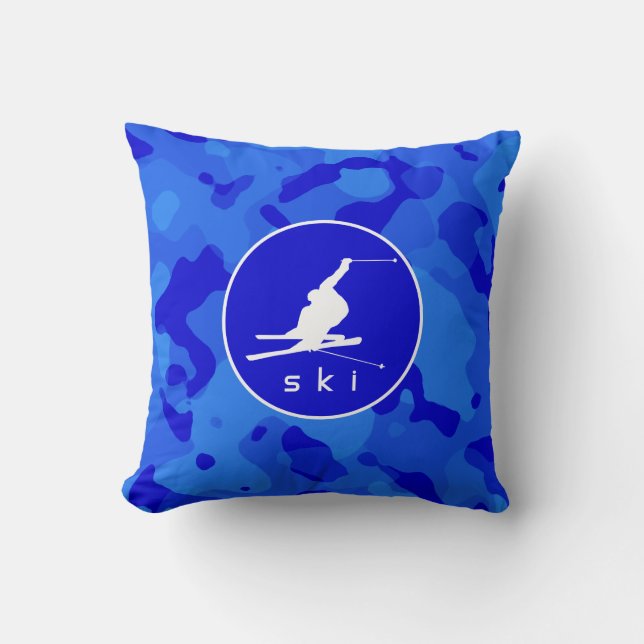 Blue Camo; Camouflage Snow Skiing Throw Pillow (Front)