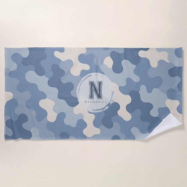 Blue Camo Military Monogram Beach Towel (Front)