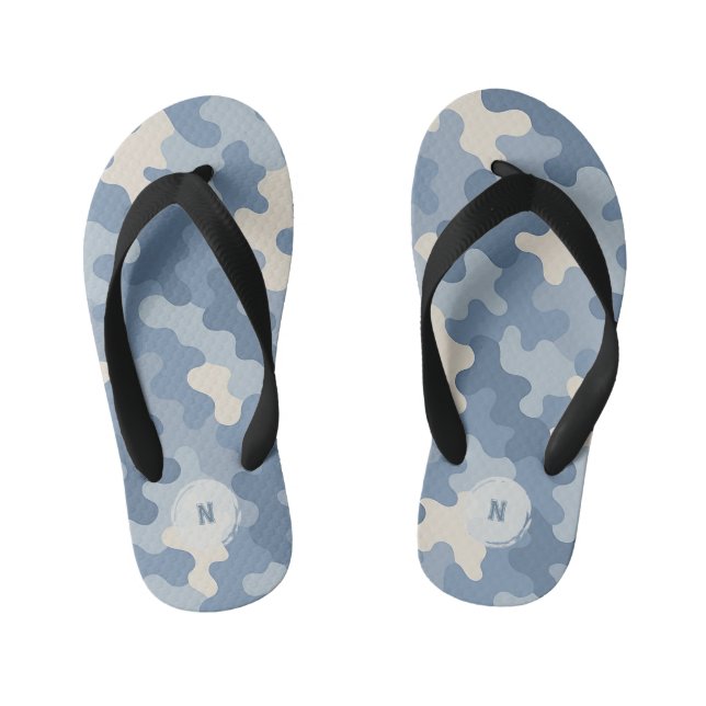 Blue Camo Military Monogram  Kid's Flip Flops (Footbed)