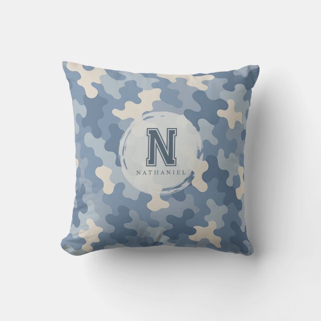 Blue Camo Military Monogram Throw Pillow (Front)