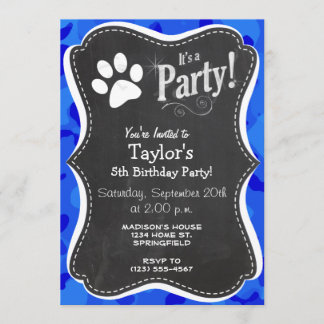 Blue Camo; Paw Print Invitation