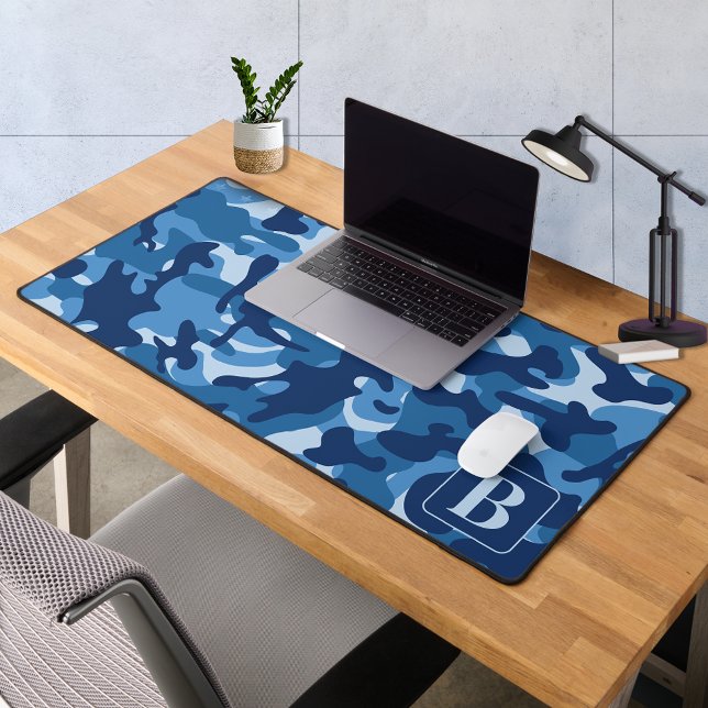 Blue Camo Personalized Modern Monogram Camouflage Desk Mat (Creator Uploaded)