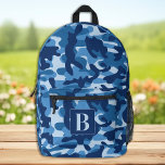 Blue Camo Personalized Modern Monogram Camouflage Printed Backpack<br><div class="desc">Introducing our modern and trendy camo backpack, perfect for kids, students, hikers, and day trippers! This cool backpack features a nautical camo pattern with shades of navy, royal blue giving it a military-inspired look that is sure to turn heads. The camo design is not only stylish, but also functional, making...</div>