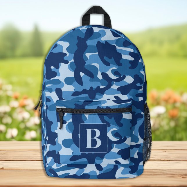 Blue Camo Personalized Modern Monogram Camouflage Printed Backpack (Creator Uploaded)