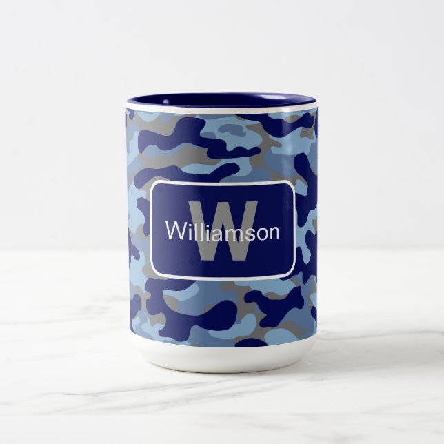 Blue Camo With Personalization   Two-Tone Coffee Mug (Center)