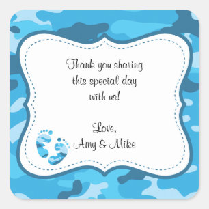 Blue Camouflage Baby Shower Favour Label w/feet