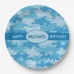Blue Camouflage Happy Birthday Name Personalized Paper Plate