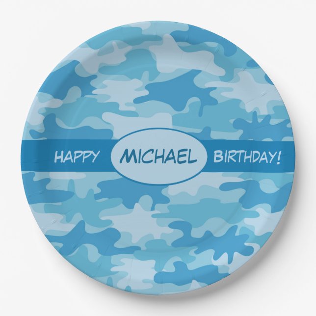 Blue Camouflage Happy Birthday Name Personalized Paper Plate (Front)