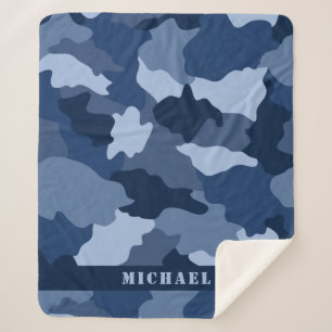 Blue Camouflage Monogram Name Sherpa Blanket