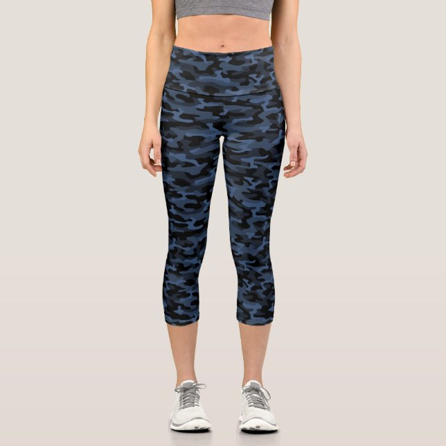 Blue Camouflage Pattern Capri Leggings (Front)