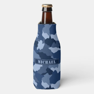 Blue Camouflage Pattern Monogram Name Bottle Cooler