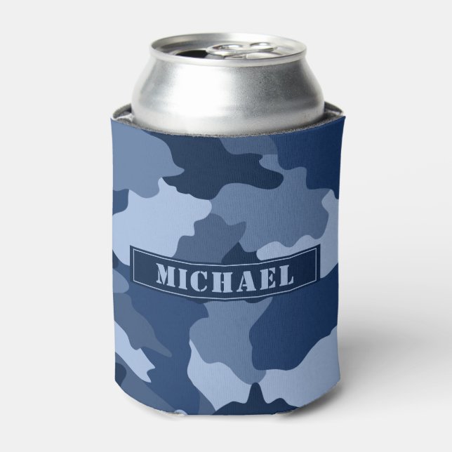 Blue Camouflage Pattern Monogram Name Can Cooler (Can Front)