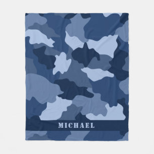 Blue Camouflage Pattern Monogram Name Fleece Blanket