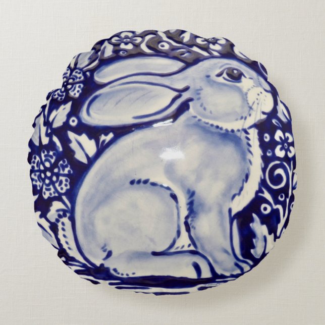 Blue cand White Sitting Rabbit Pillow Dedham Tile (Front)