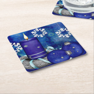 Blue Candle Christmas Square Paper Coaster