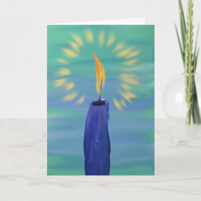 blue candle on turquoise background painting holiday card (Front)
